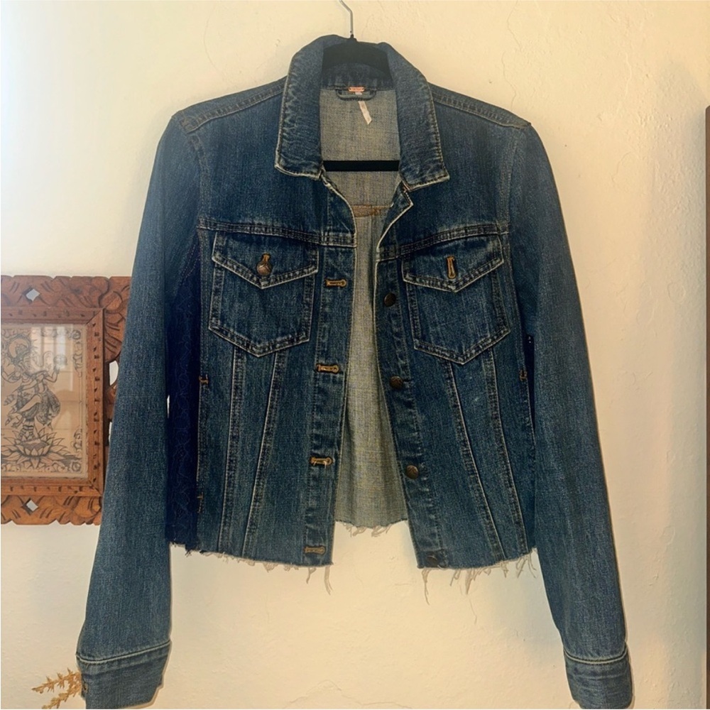 Free People Blue Jean with Lace panels Jacket